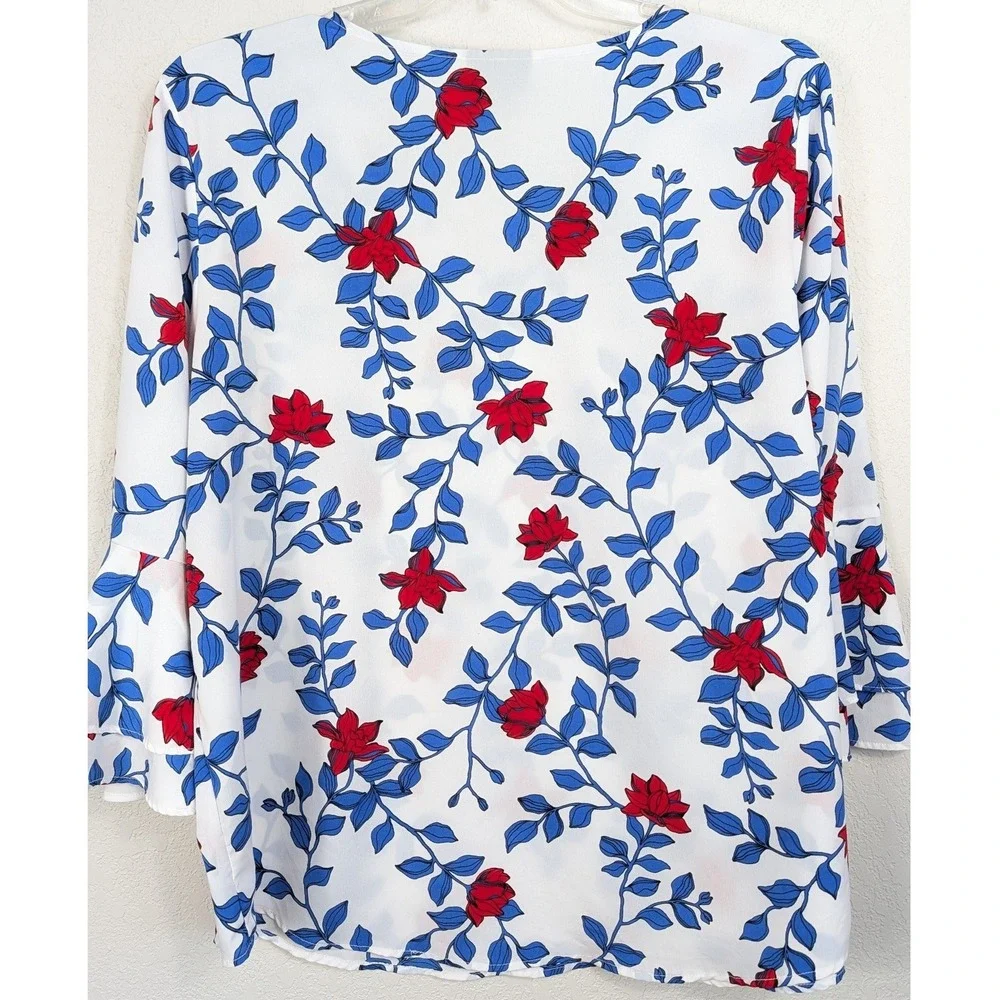 Liz Claiborne‎ Career White Red Blue Floral Print Bell Sleeve Blouse Top XXL - Picture 3 of 8